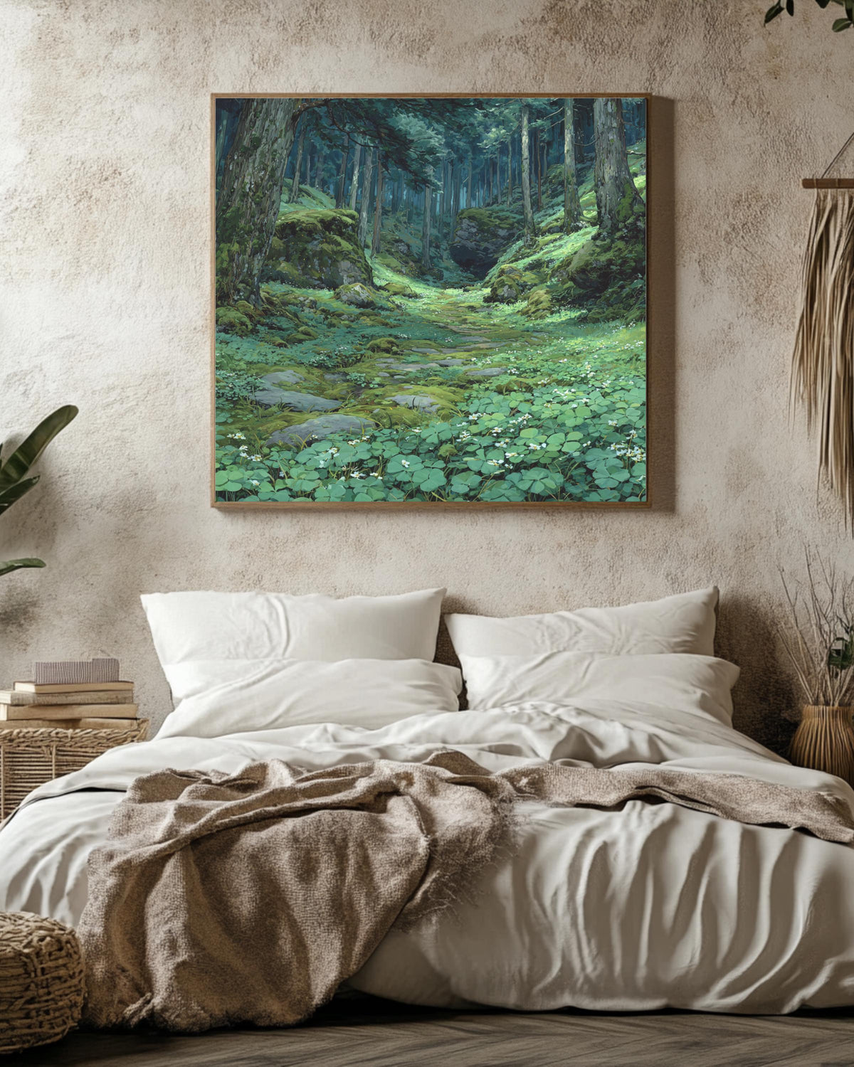 Enchanted Forest Path Wall Art Print, Serene Mossy Woodland Landscape, Lush Green Nature Poster Canvas