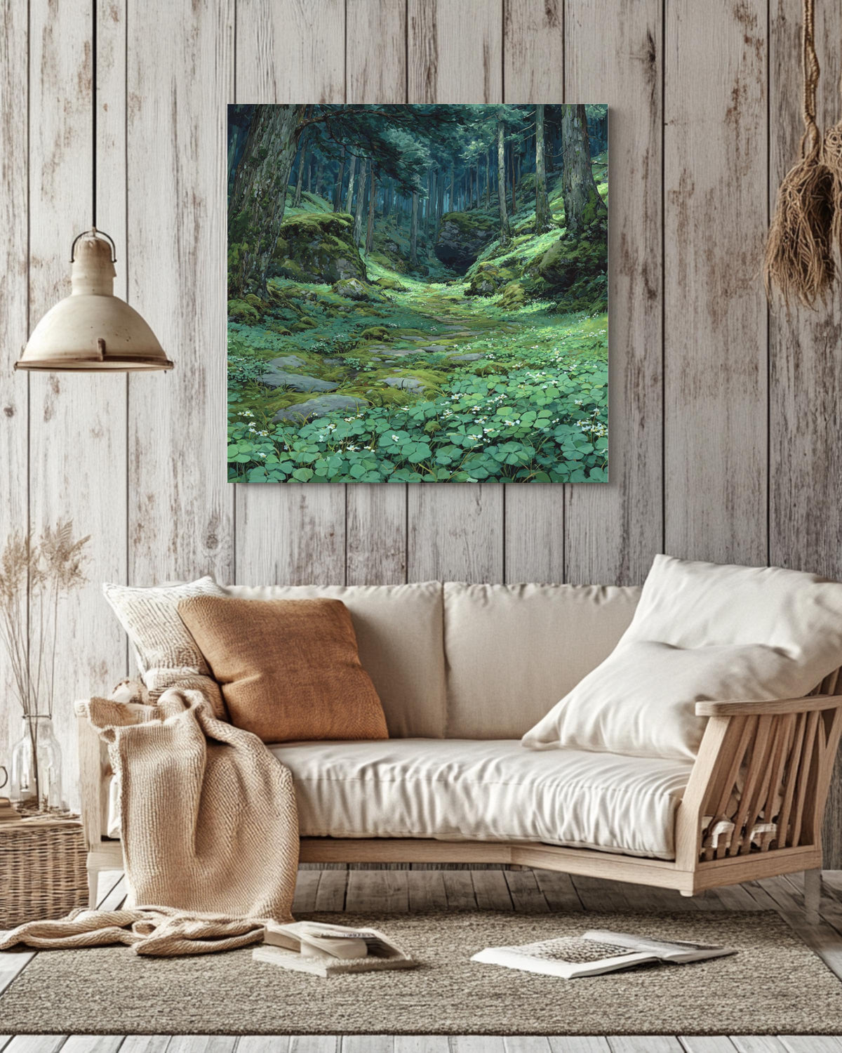 Enchanted Forest Path Wall Art Print, Serene Mossy Woodland Landscape, Lush Green Nature Poster Canvas