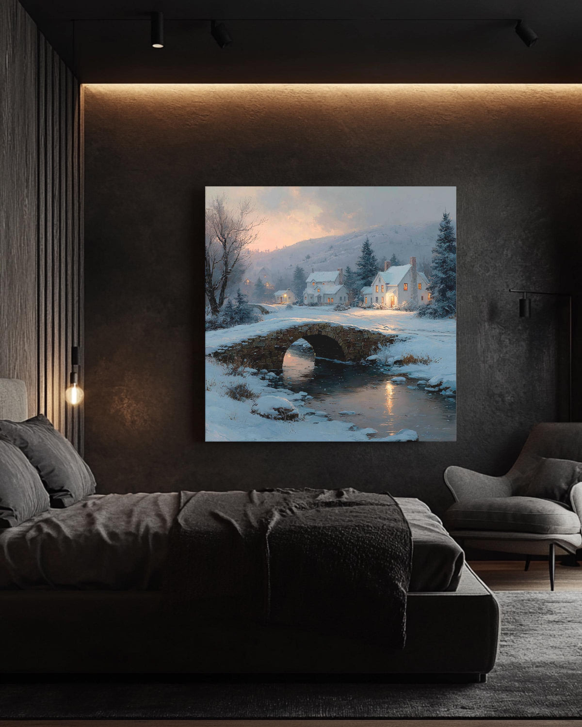 Cozy Winter Village Wall Art Print, Peaceful Snowy Cottage Landscape with Stone Bridge and Warm Lights, Christmas Season Poster Canvas