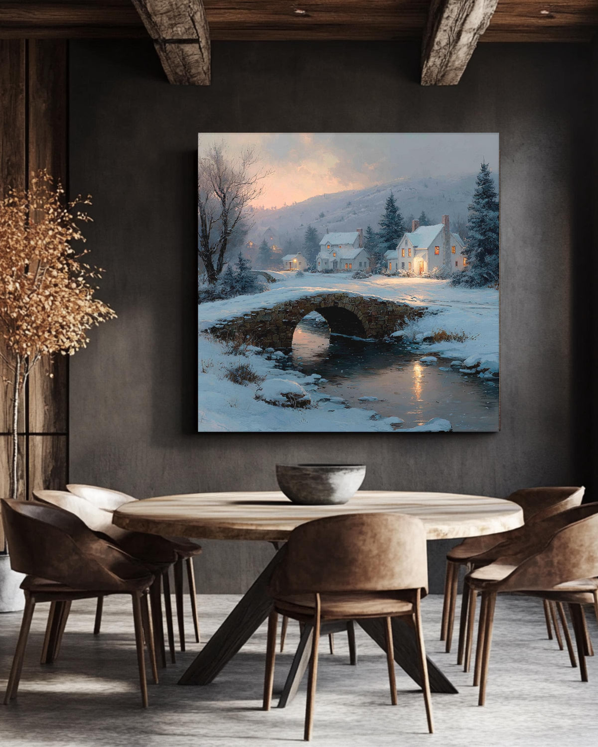 Cozy Winter Village Wall Art Print, Peaceful Snowy Cottage Landscape with Stone Bridge and Warm Lights, Christmas Season Poster Canvas