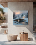 Cozy Winter Village Wall Art Print, Peaceful Snowy Cottage Landscape with Stone Bridge and Warm Lights, Christmas Season Poster Canvas