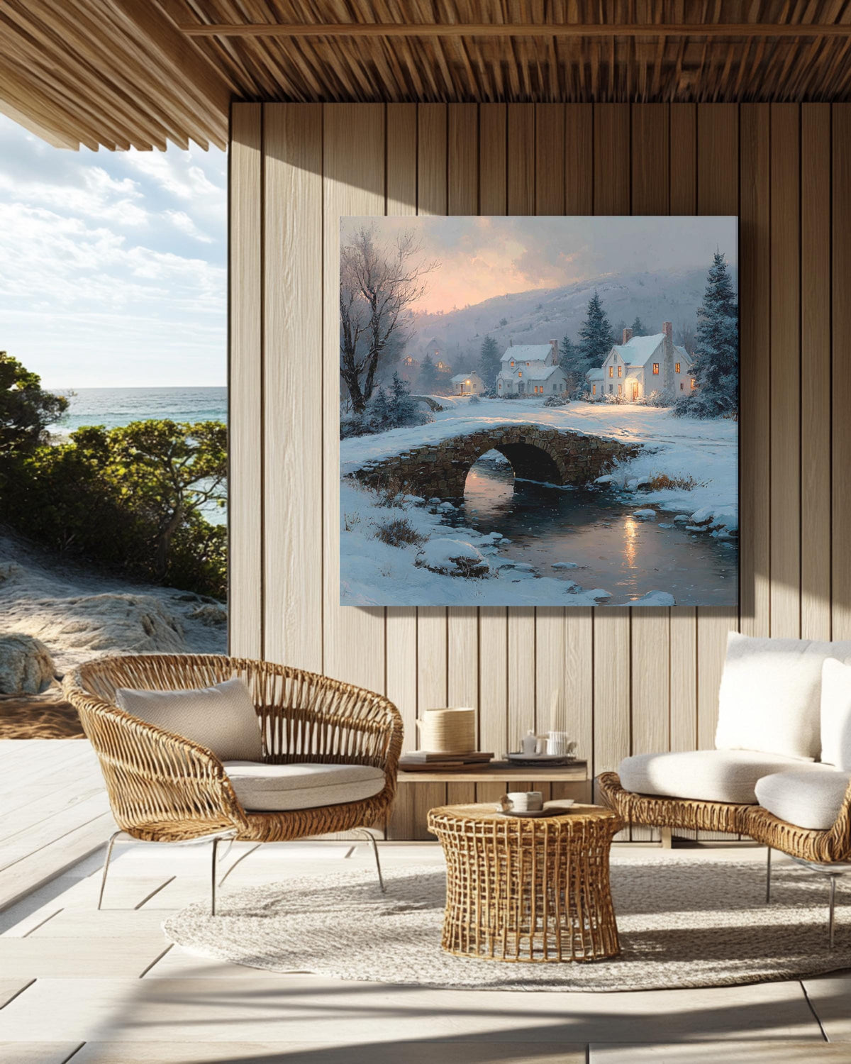 Cozy Winter Village Wall Art Print, Peaceful Snowy Cottage Landscape with Stone Bridge and Warm Lights, Christmas Season Poster Canvas