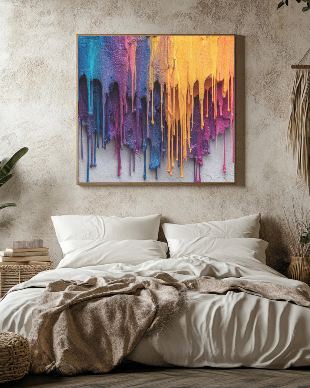 Colorful Abstract Dripping Paint Wall Art Print, Bold Rainbow Texture, Modern Expressionist Poster Canvas