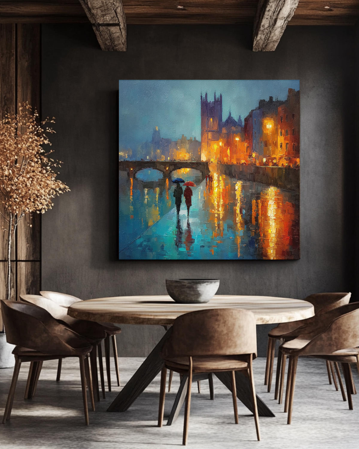 Dublin City Rain Wall Art Print, Vibrant Night Painting of St. Patricks Cathedral and Liffey Bridge, Irish Architecture Poster Canvas