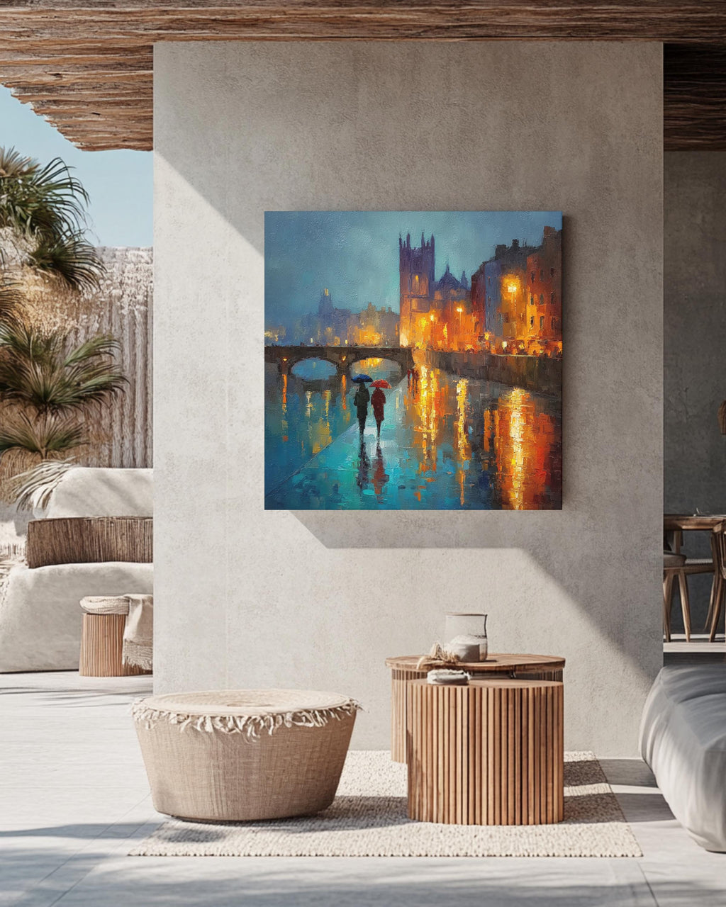 Dublin City Rain Wall Art Print, Vibrant Night Painting of St. Patricks Cathedral and Liffey Bridge, Irish Architecture Poster Canvas