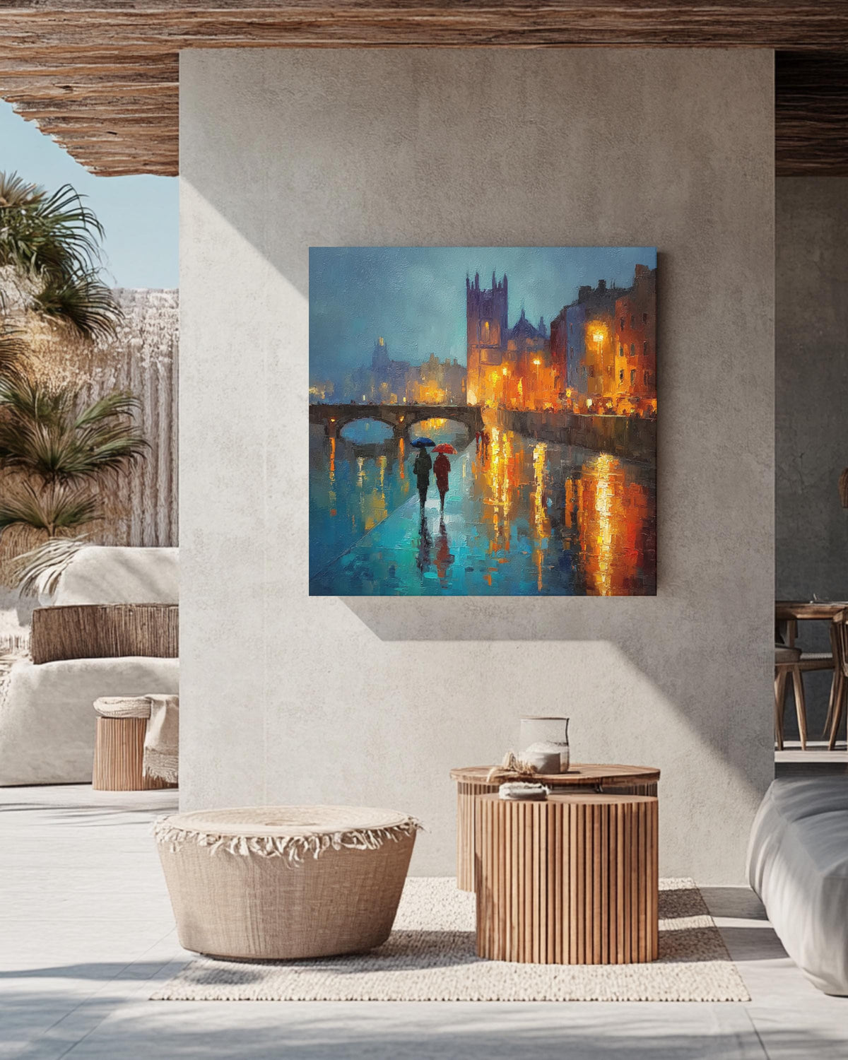 Dublin City Rain Wall Art Print, Vibrant Night Painting of St. Patricks Cathedral and Liffey Bridge, Irish Architecture Poster Canvas