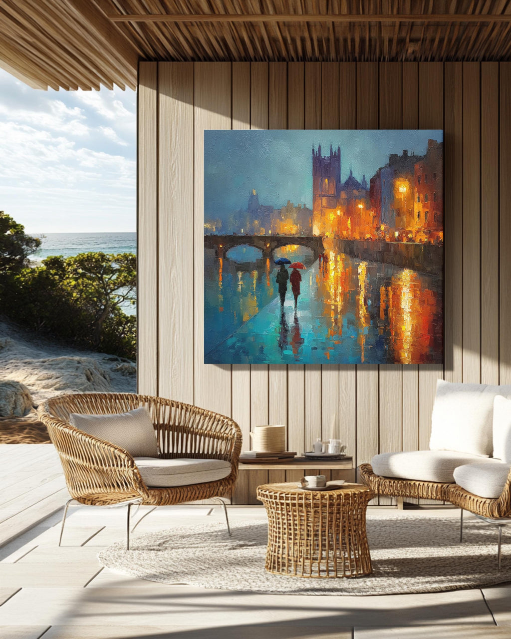 Dublin City Rain Wall Art Print, Vibrant Night Painting of St. Patricks Cathedral and Liffey Bridge, Irish Architecture Poster Canvas