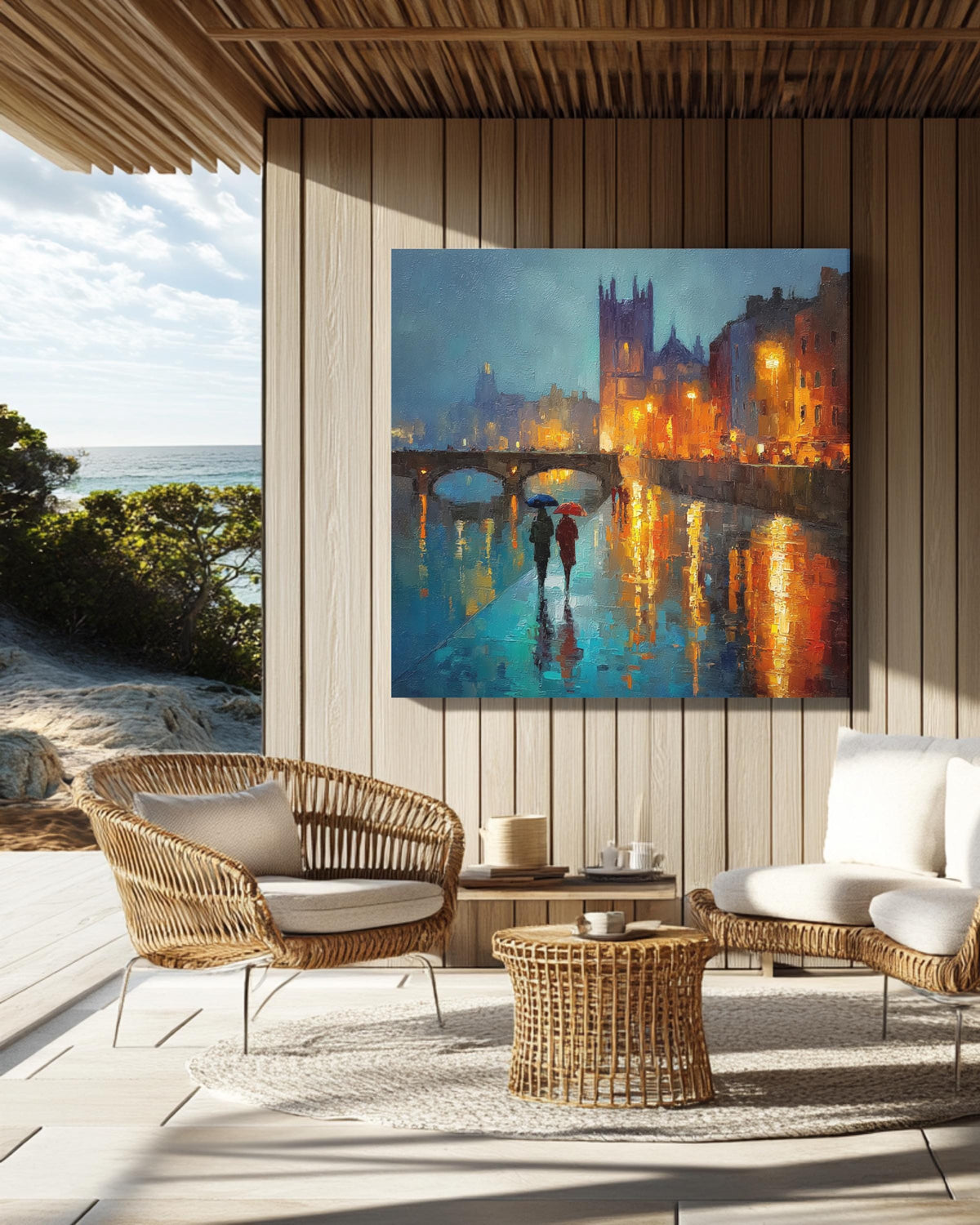 Dublin City Rain Wall Art Print, Vibrant Night Painting of St. Patricks Cathedral and Liffey Bridge, Irish Architecture Poster Canvas