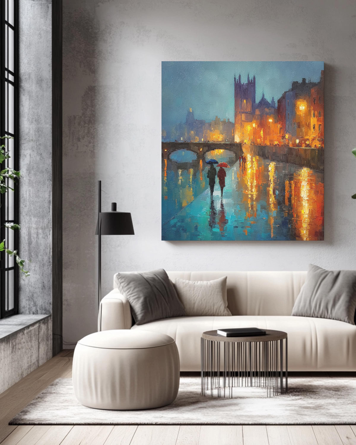 Dublin City Rain Wall Art Print, Vibrant Night Painting of St. Patricks Cathedral and Liffey Bridge, Irish Architecture Poster Canvas