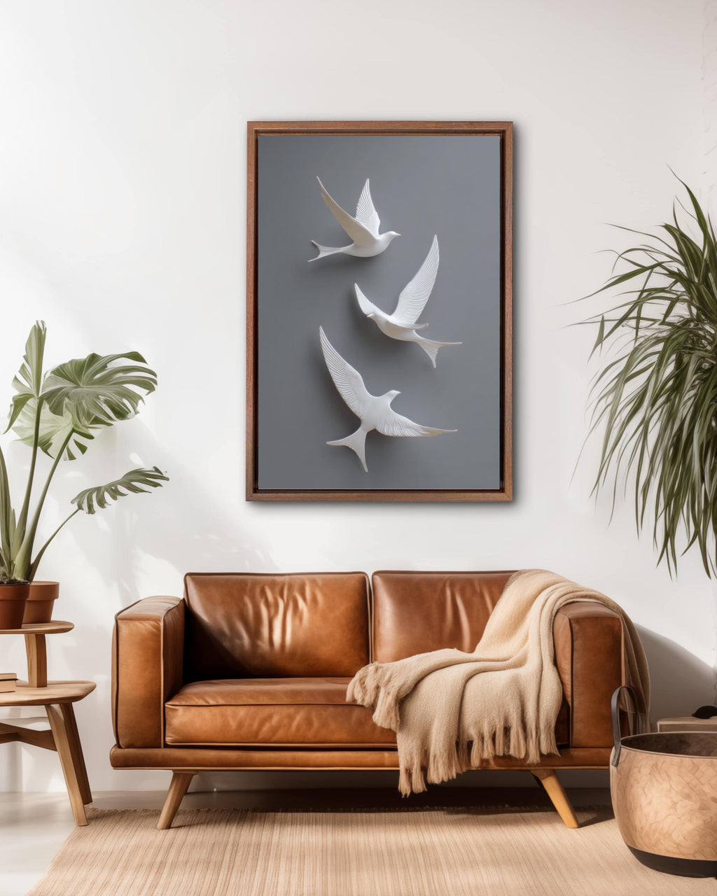 Minimalist 3D White Birds Wall Art, Modern Flight Sculpture Poster with Grey Background, Elegant Contemporary Canvas