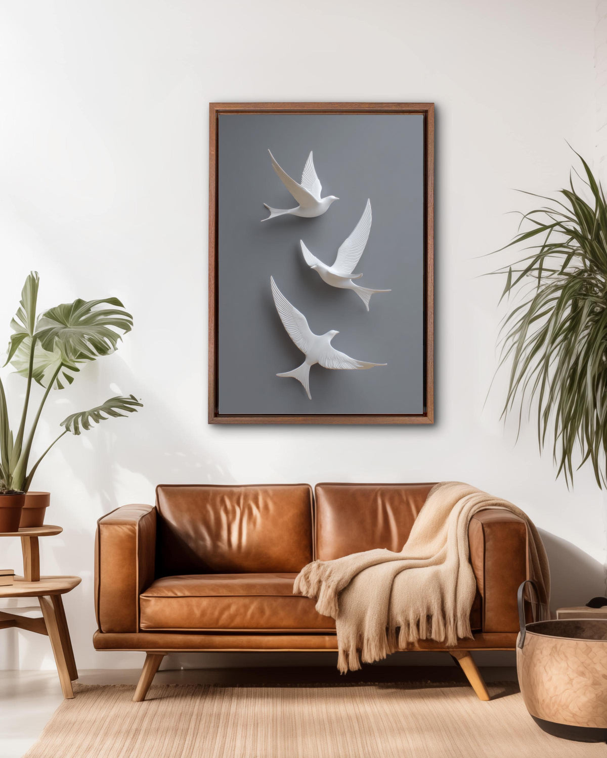 Minimalist 3D White Birds Wall Art, Modern Flight Sculpture Poster with Grey Background, Elegant Contemporary Canvas