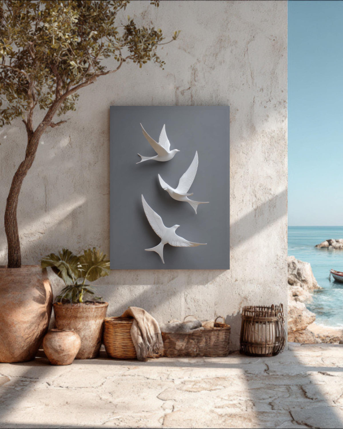 Minimalist 3D White Birds Wall Art, Modern Flight Sculpture Poster with Grey Background, Elegant Contemporary Canvas