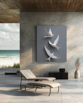 Minimalist 3D White Birds Wall Art, Modern Flight Sculpture Poster with Grey Background, Elegant Contemporary Canvas