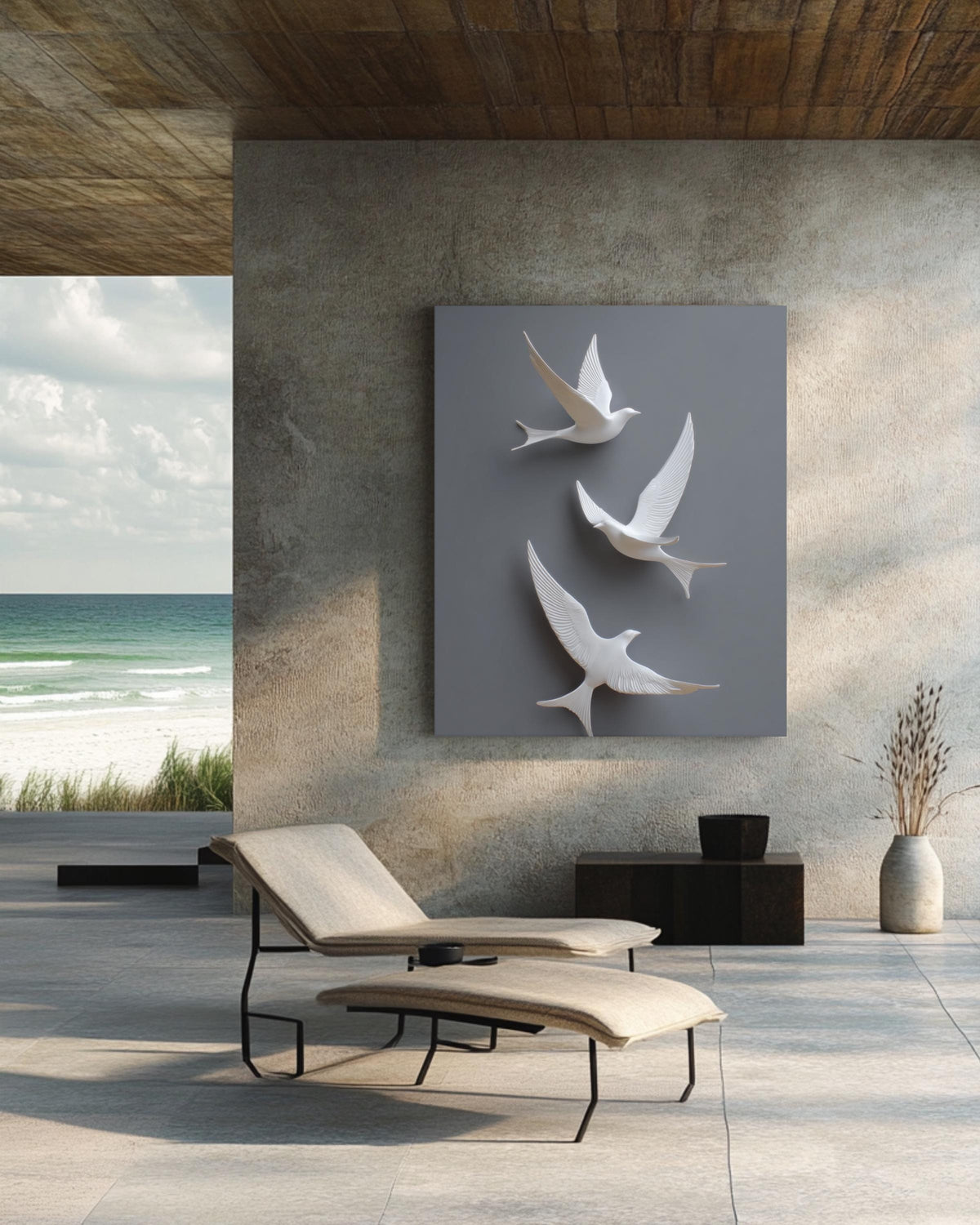 Minimalist 3D White Birds Wall Art, Modern Flight Sculpture Poster with Grey Background, Elegant Contemporary Canvas