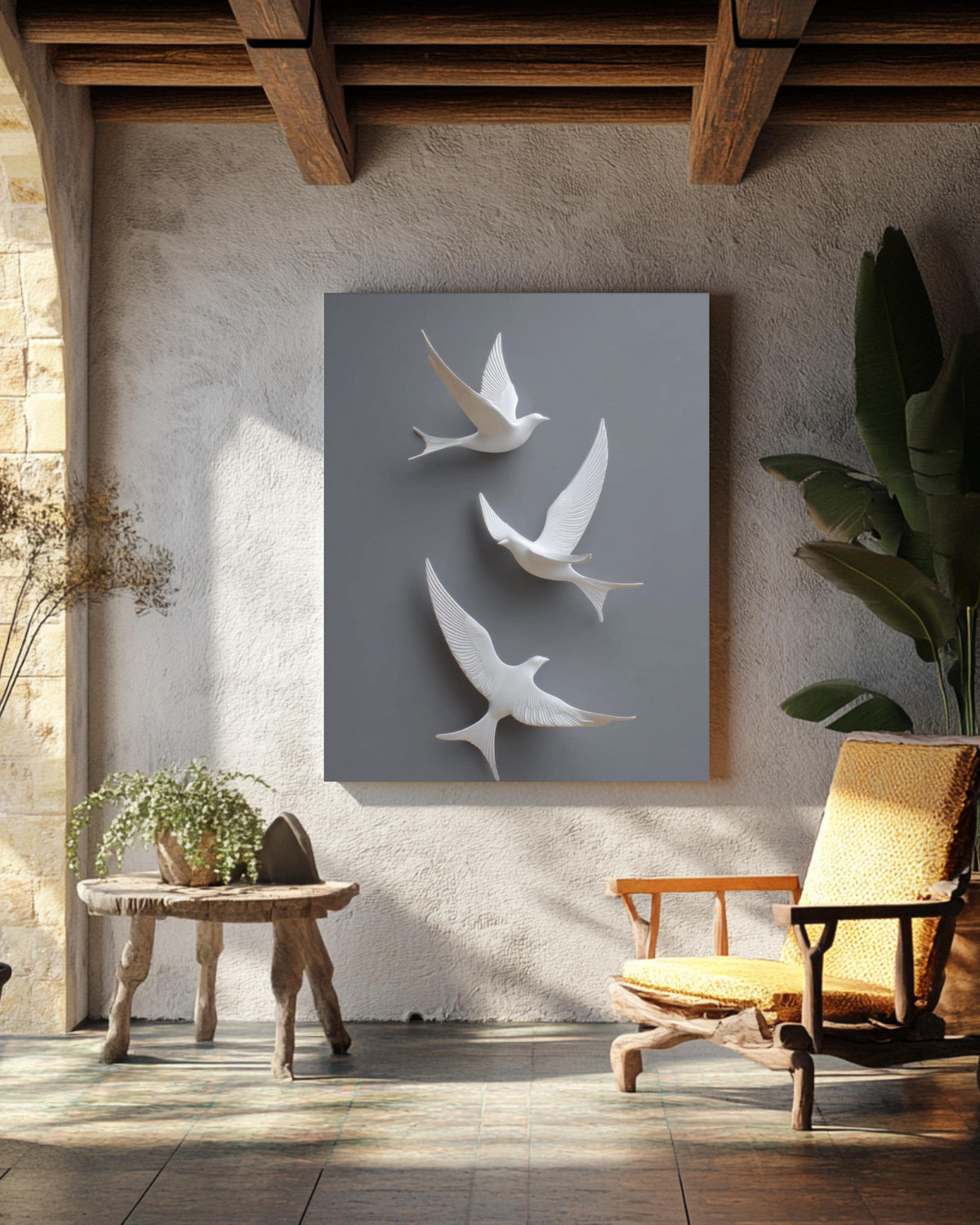 Minimalist 3D White Birds Wall Art, Modern Flight Sculpture Poster with Grey Background, Elegant Contemporary Canvas