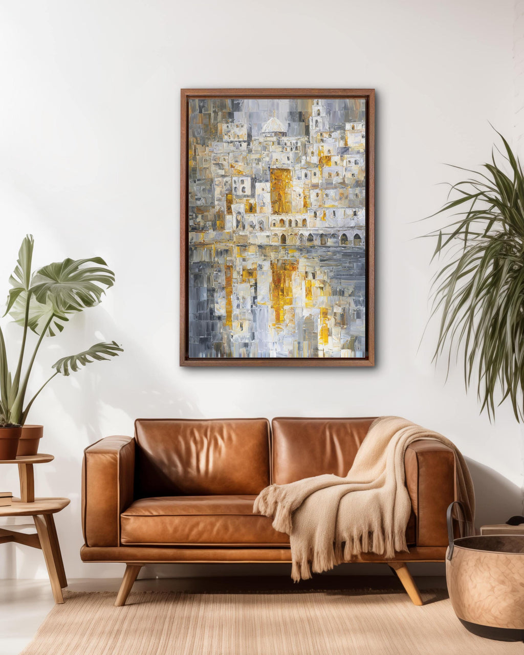 Abstract Jerusalem Cityscape Art Print, White and Gold Mosaic Oil Painting with Silver Reflections, Modern Holy City Poster Canvas