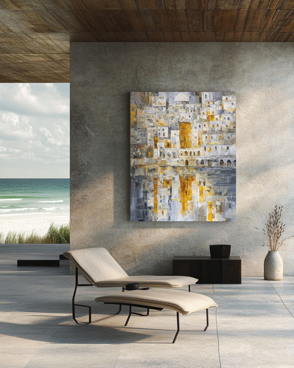 Abstract Jerusalem Cityscape Art Print, White and Gold Mosaic Oil Painting with Silver Reflections, Modern Holy City Poster Canvas