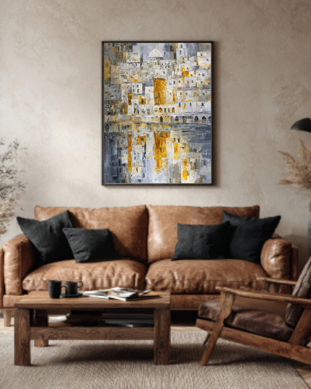 Abstract Jerusalem Cityscape Art Print, White and Gold Mosaic Oil Painting with Silver Reflections, Modern Holy City Poster Canvas