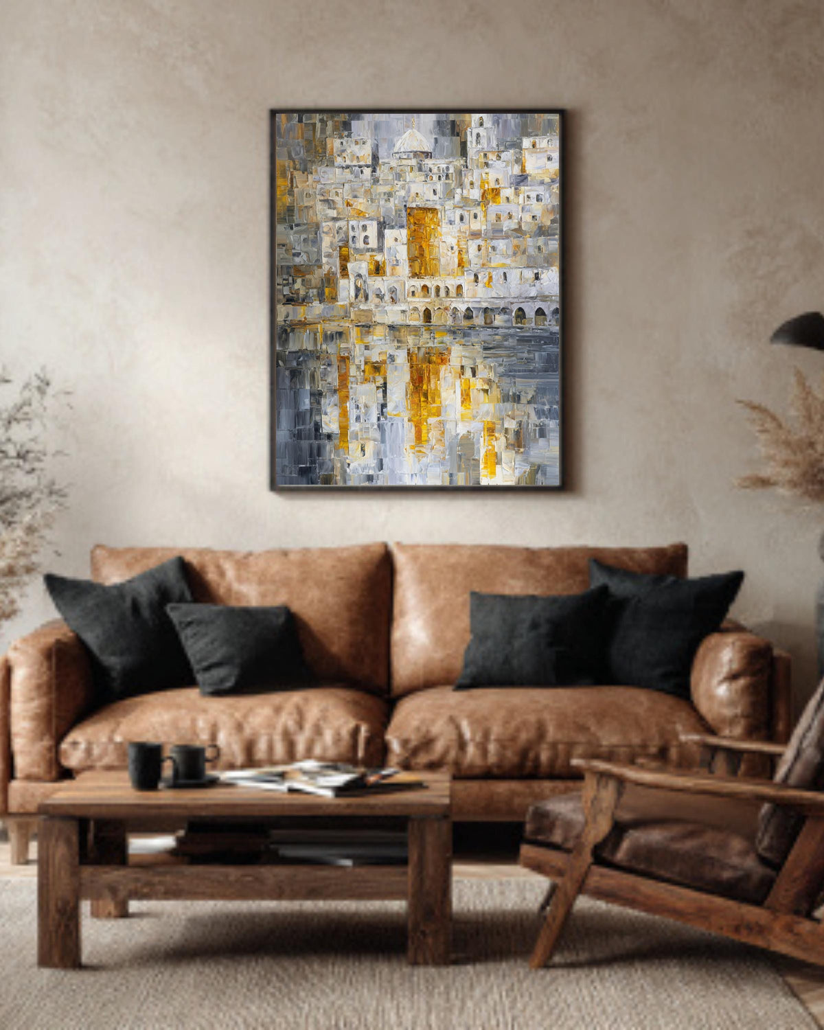 Abstract Jerusalem Cityscape Art Print, White and Gold Mosaic Oil Painting with Silver Reflections, Modern Holy City Poster Canvas