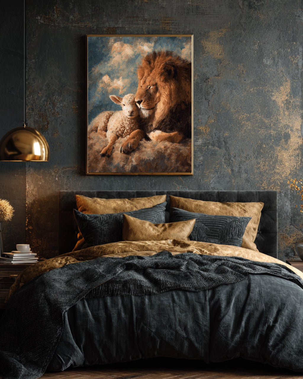 Lion and Lamb Oil Painting, Abstract Composition, Rich Colors and Textured Brushstrokes, Peaceful Animal Wall Art Poster Canvas