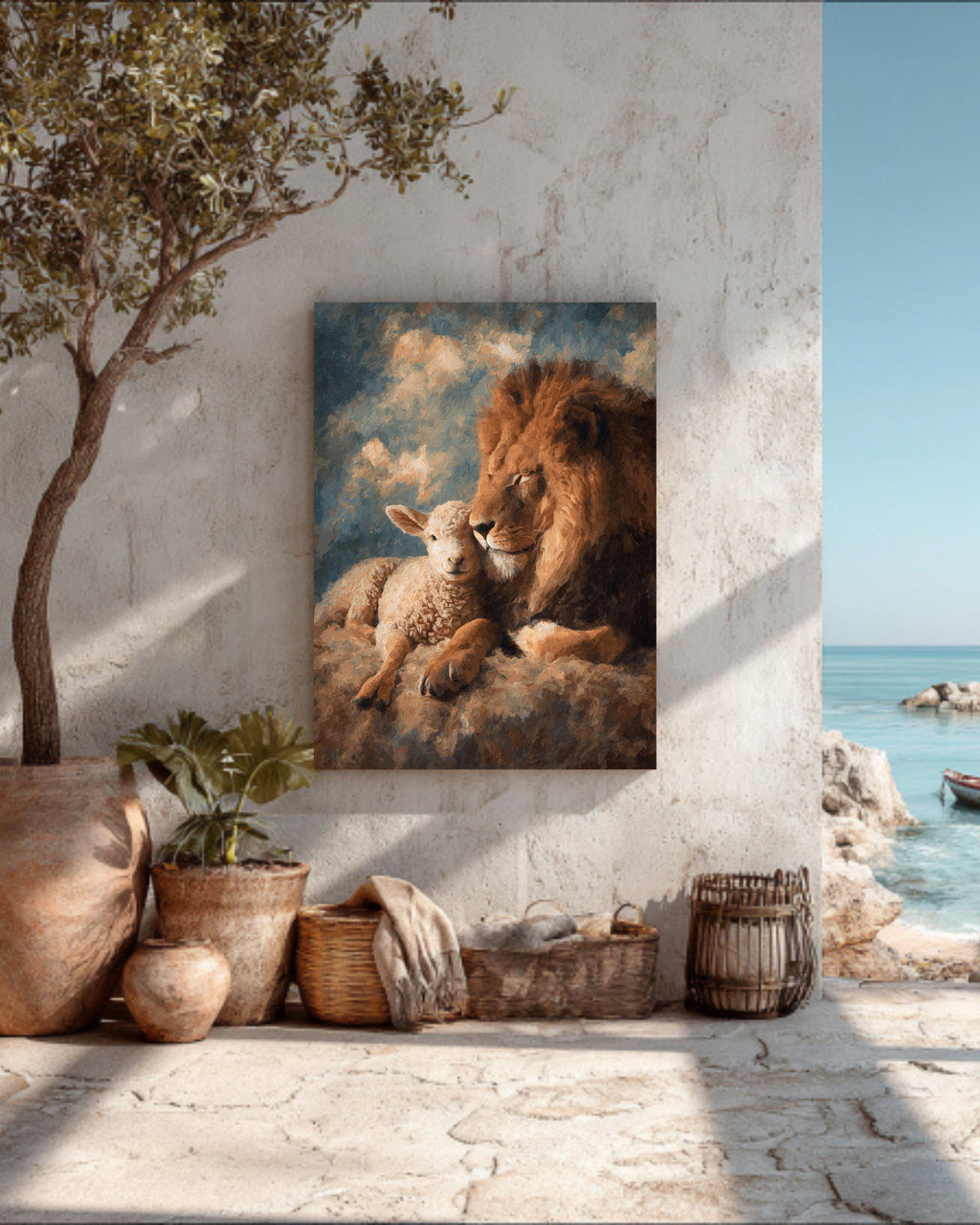 Lion and Lamb Oil Painting, Abstract Composition, Rich Colors and Textured Brushstrokes, Peaceful Animal Wall Art Poster Canvas