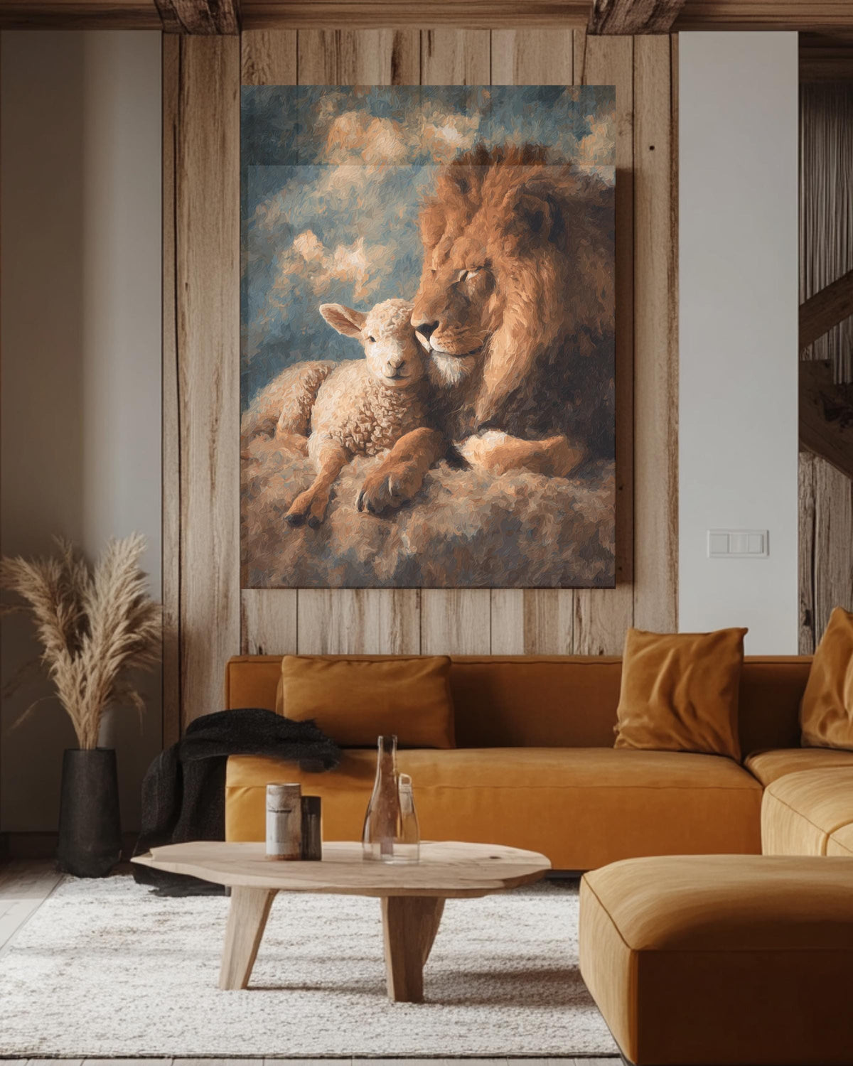 Lion and Lamb Oil Painting, Abstract Composition, Rich Colors and Textured Brushstrokes, Peaceful Animal Wall Art Poster Canvas