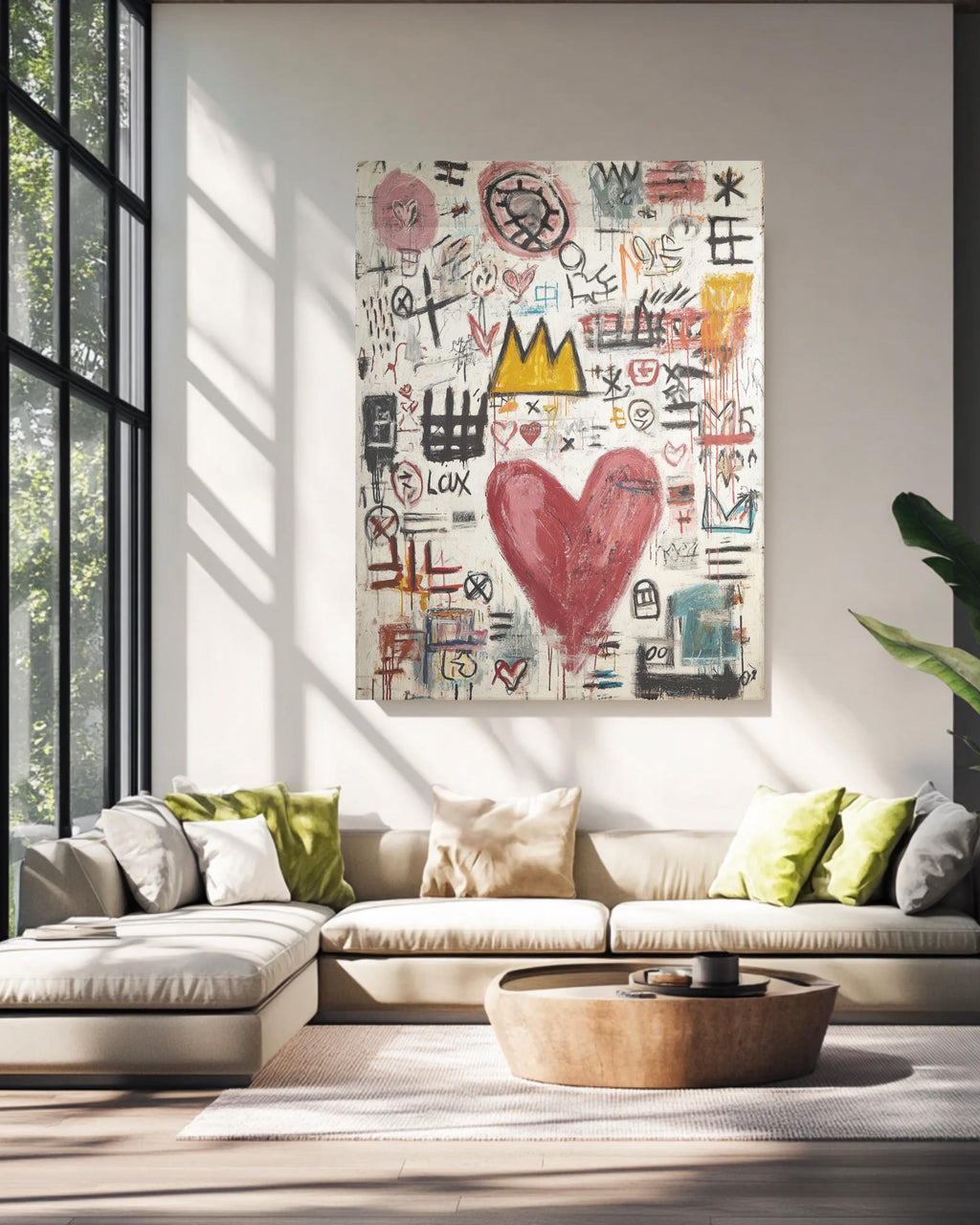 Basquiat Style Love Symbols Painting, Abstract Heart with Graffiti Lines, Vibrant Colors, Contemporary Street Art Poster Canvas