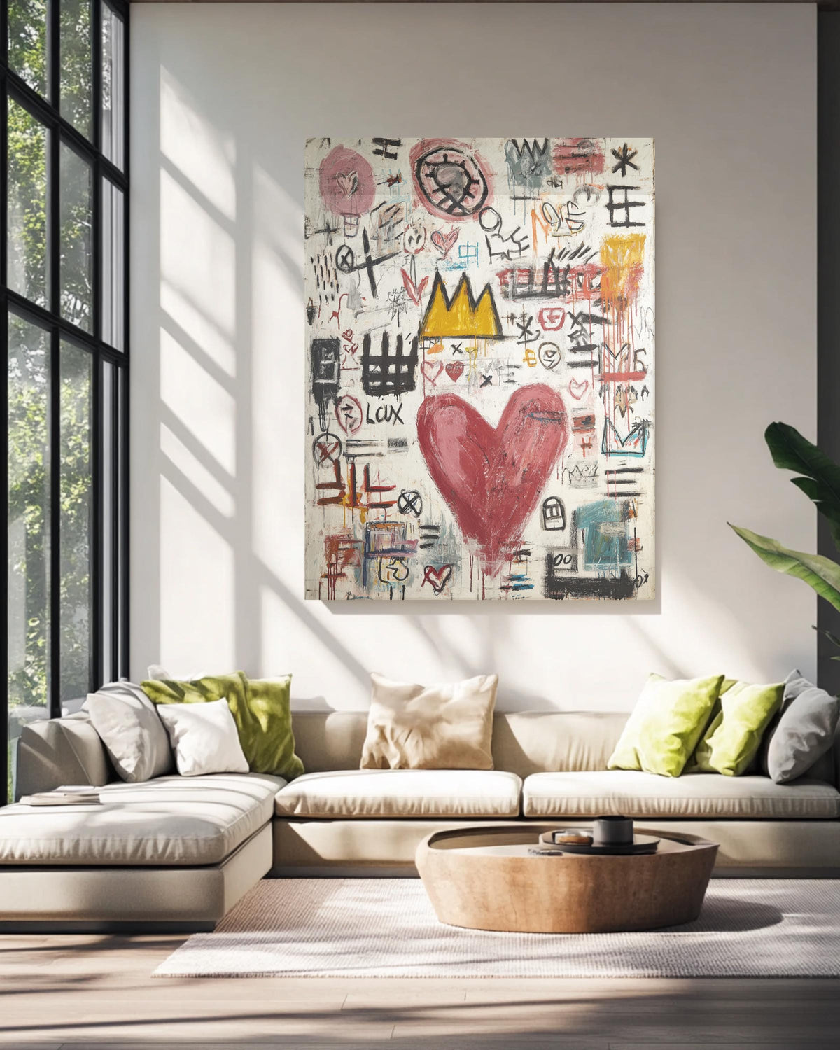 Basquiat Style Love Symbols Painting, Abstract Heart with Graffiti Lines, Vibrant Colors, Contemporary Street Art Poster Canvas