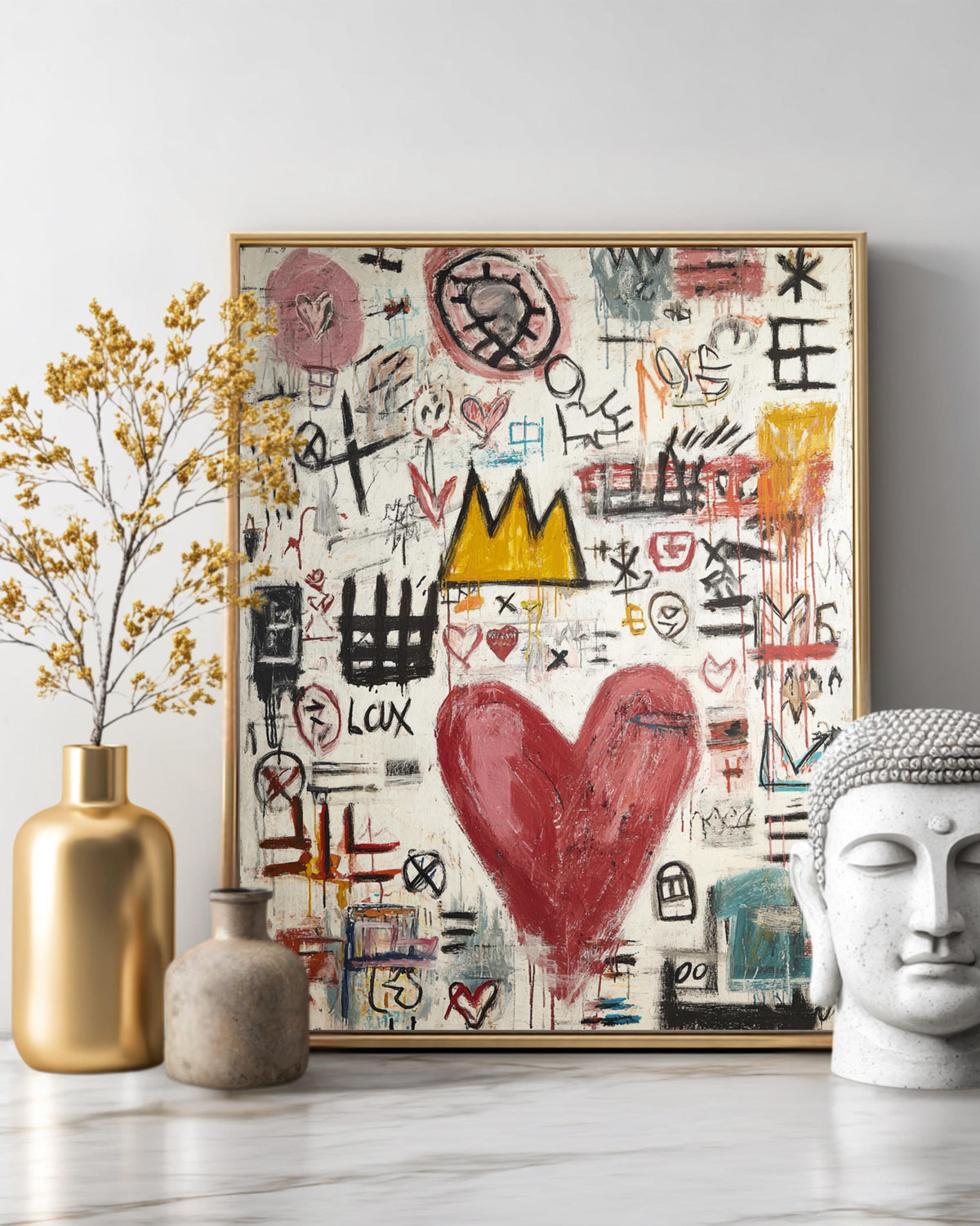 Basquiat Style Love Symbols Painting, Abstract Heart with Graffiti Lines, Vibrant Colors, Contemporary Street Art Poster Canvas