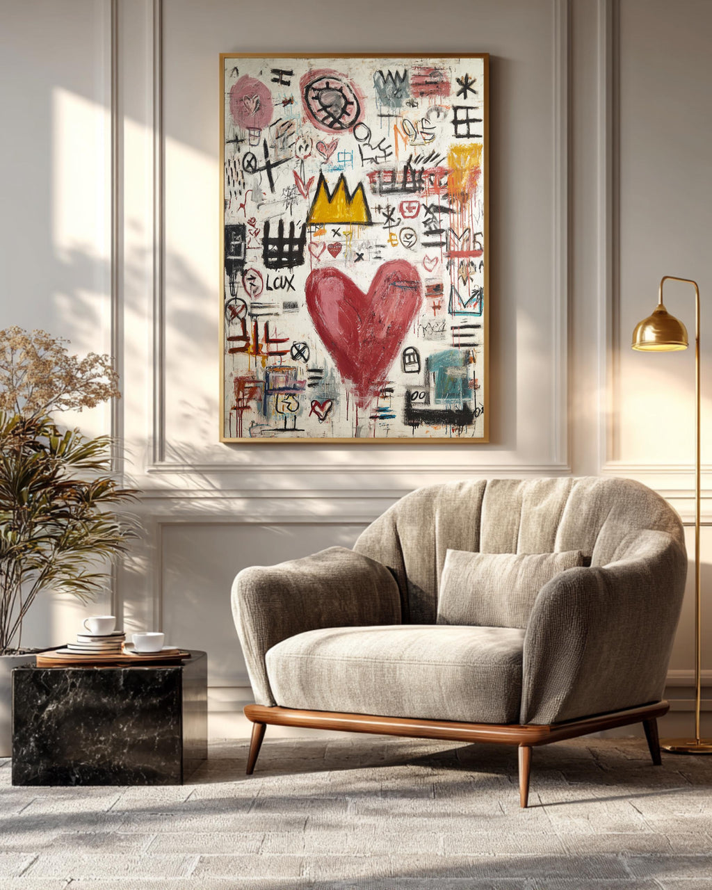Basquiat Style Love Symbols Painting, Abstract Heart with Graffiti Lines, Vibrant Colors, Contemporary Street Art Poster Canvas