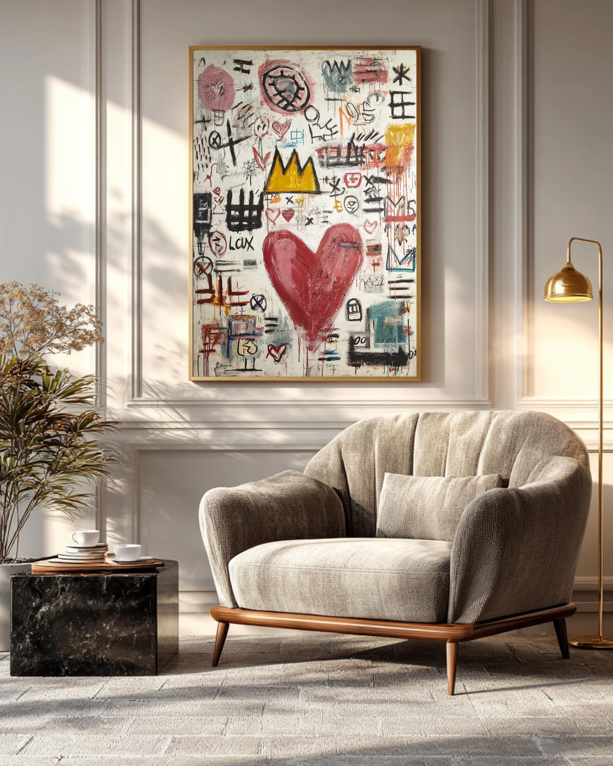 Basquiat Style Love Symbols Painting, Abstract Heart with Graffiti Lines, Vibrant Colors, Contemporary Street Art Poster Canvas