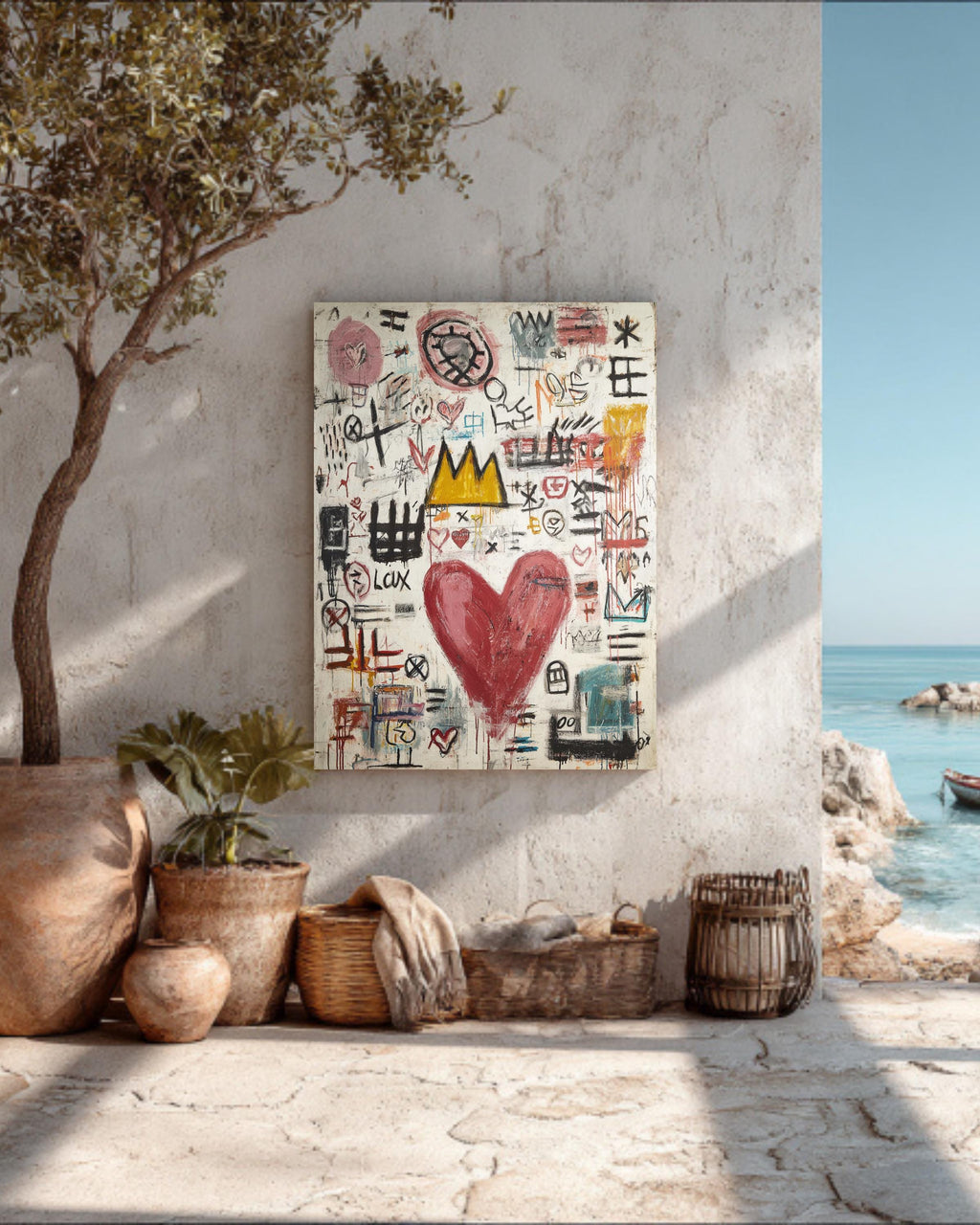 Basquiat Style Love Symbols Painting, Abstract Heart with Graffiti Lines, Vibrant Colors, Contemporary Street Art Poster Canvas
