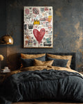Basquiat Style Love Symbols Painting, Abstract Heart with Graffiti Lines, Vibrant Colors, Contemporary Street Art Poster Canvas