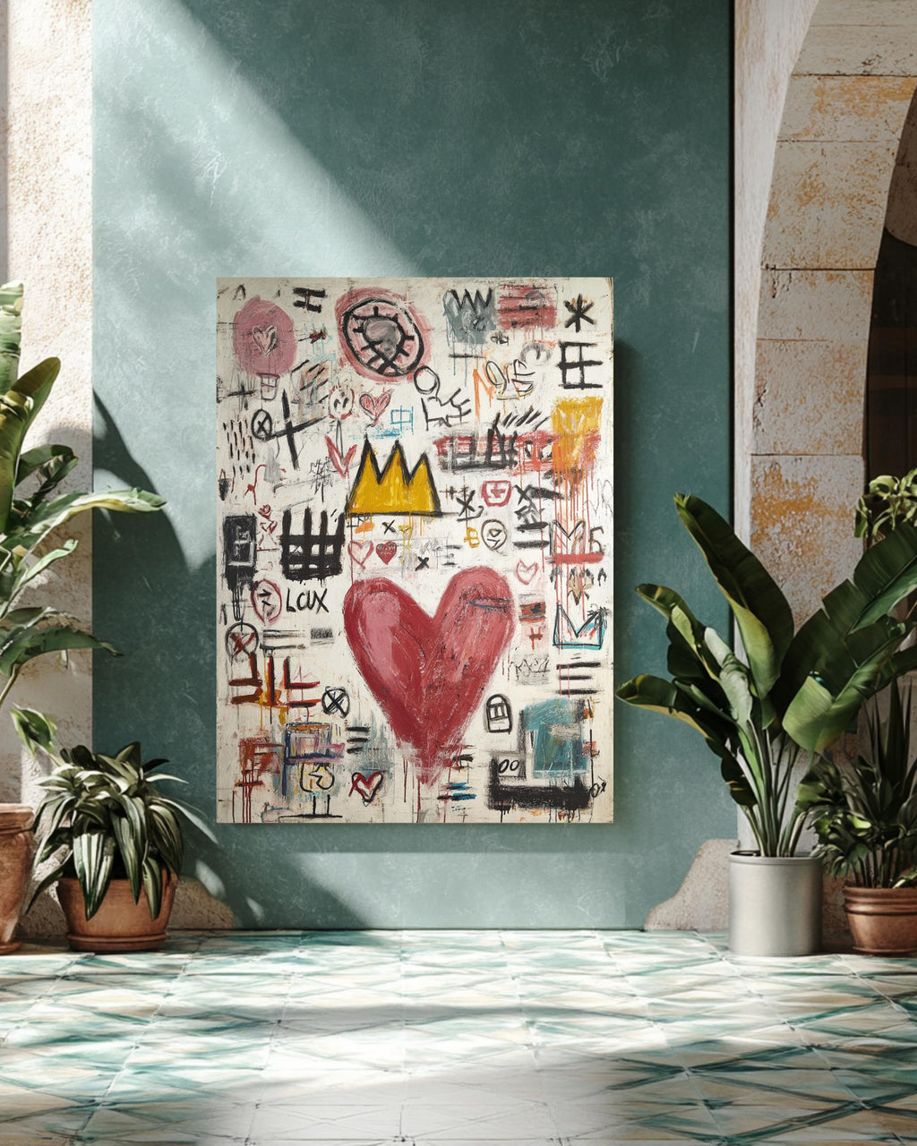 Basquiat Style Love Symbols Painting, Abstract Heart with Graffiti Lines, Vibrant Colors, Contemporary Street Art Poster Canvas