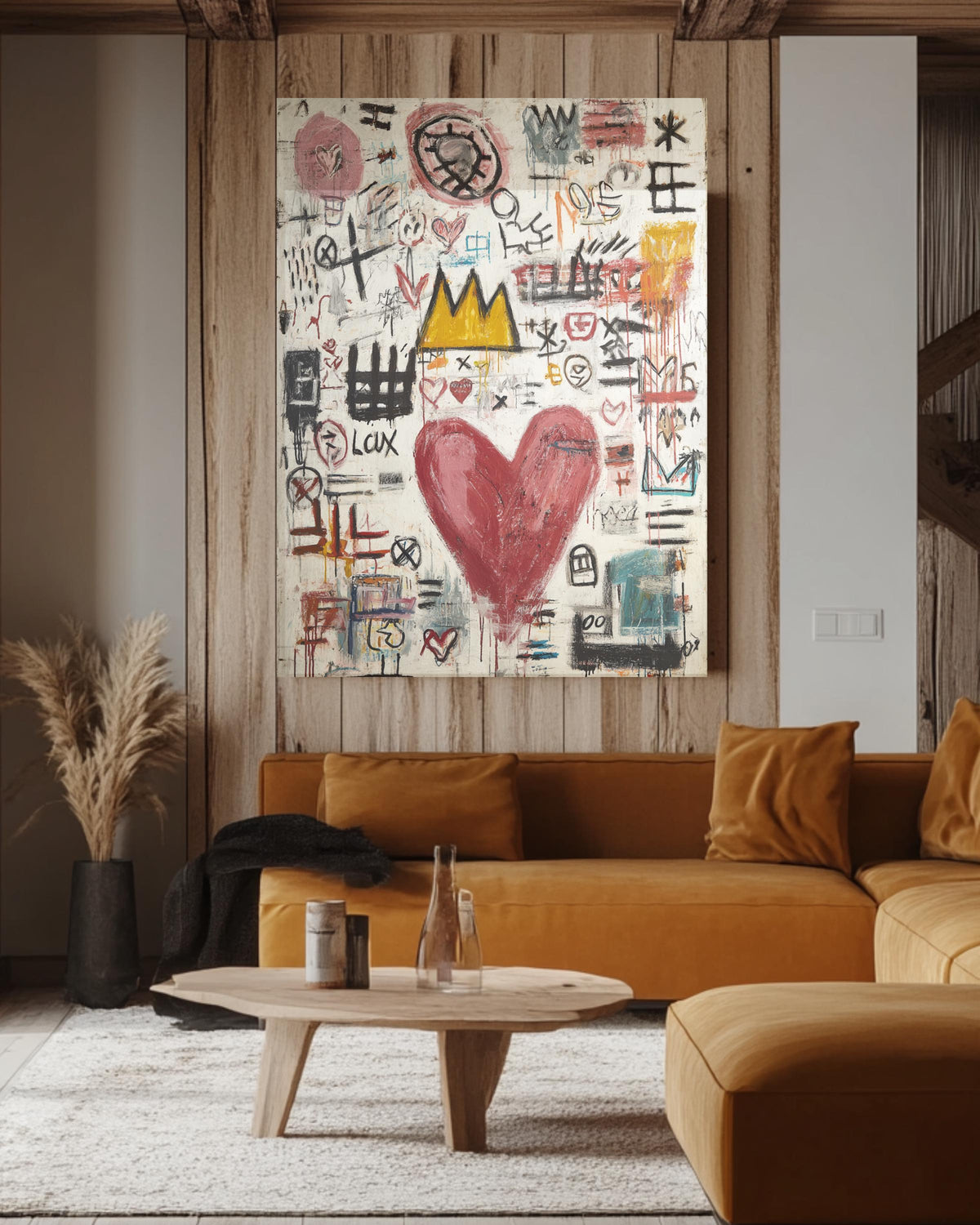 Basquiat Style Love Symbols Painting, Abstract Heart with Graffiti Lines, Vibrant Colors, Contemporary Street Art Poster Canvas