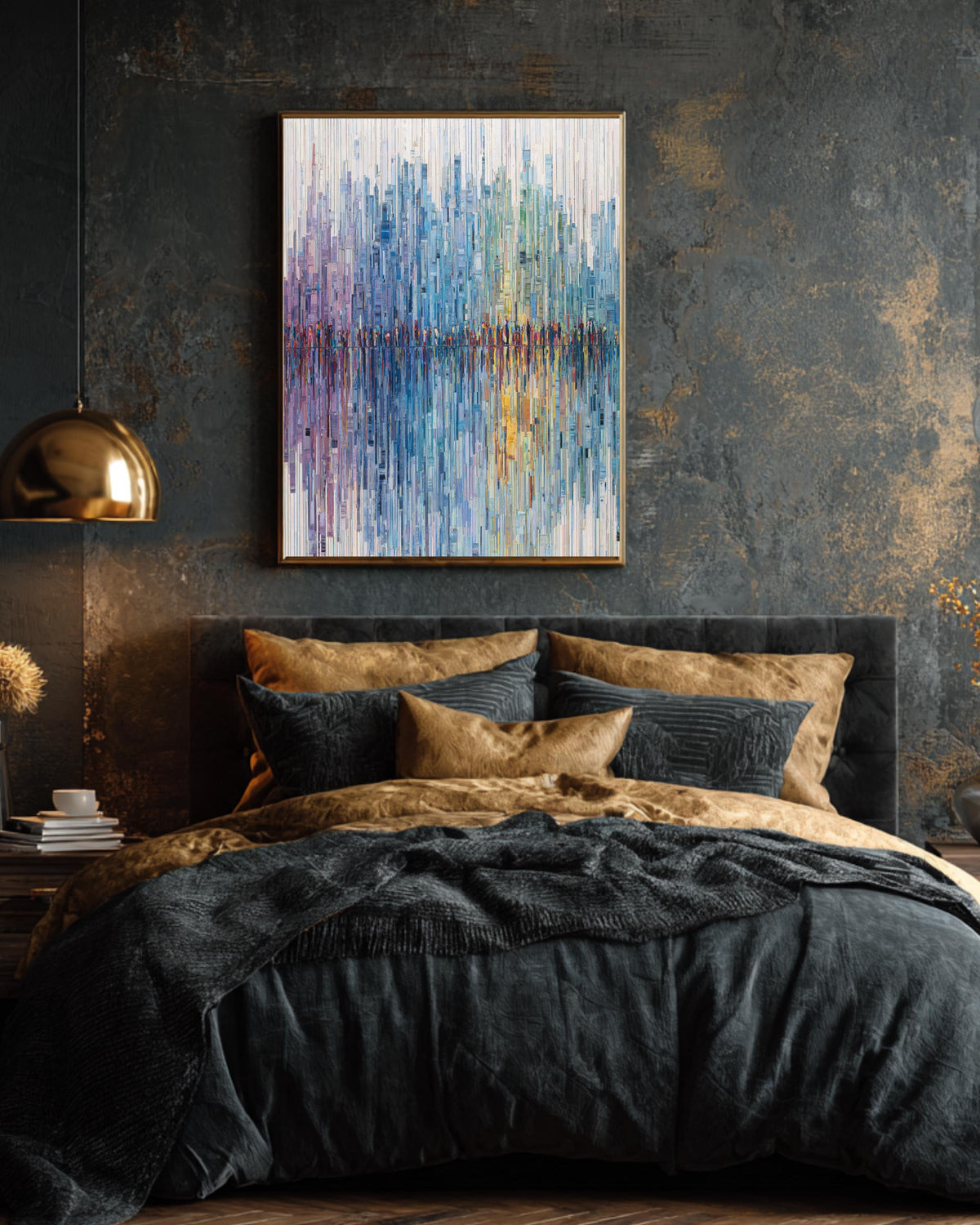 Abstract Urban Life Tapestry, Vertical Lines Representing City Figures, Soft Pastel Gradient from Blue to Green, White Background Canvas