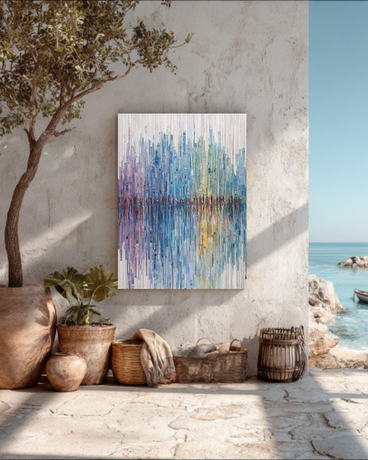 Abstract Urban Life Tapestry, Vertical Lines Representing City Figures, Soft Pastel Gradient from Blue to Green, White Background Canvas