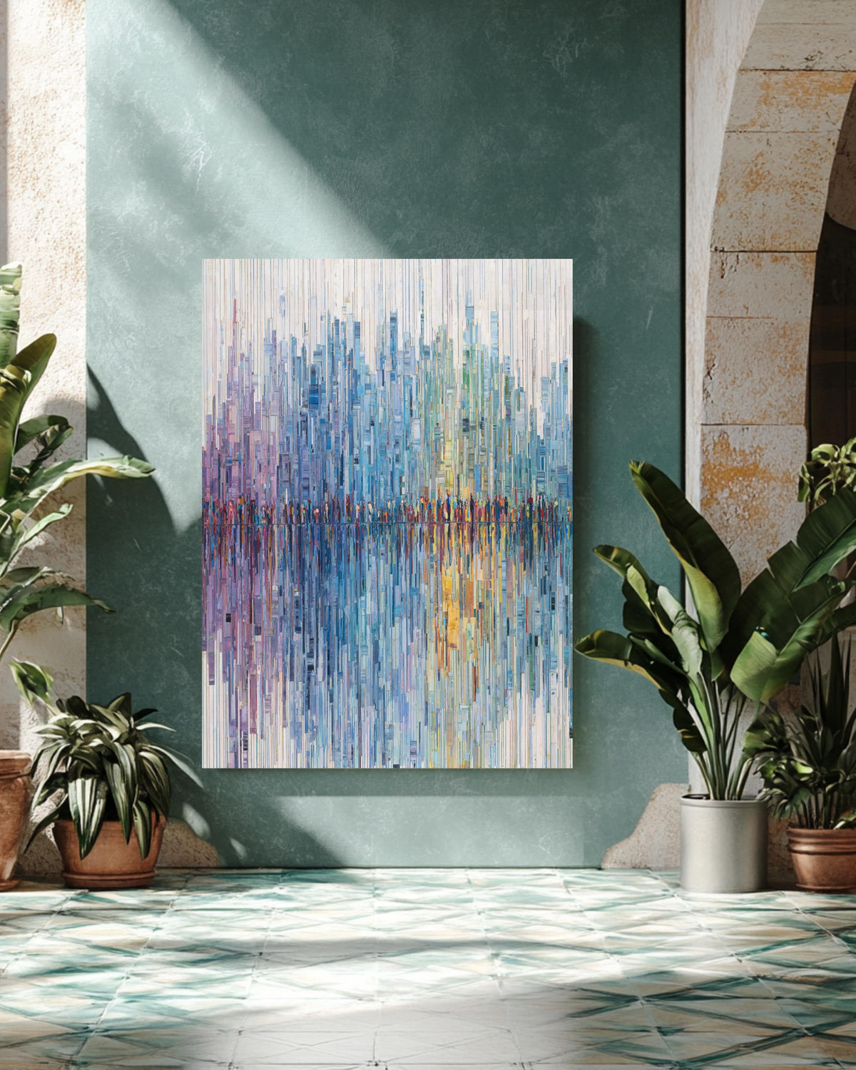 Abstract Urban Life Tapestry, Vertical Lines Representing City Figures, Soft Pastel Gradient from Blue to Green, White Background Canvas
