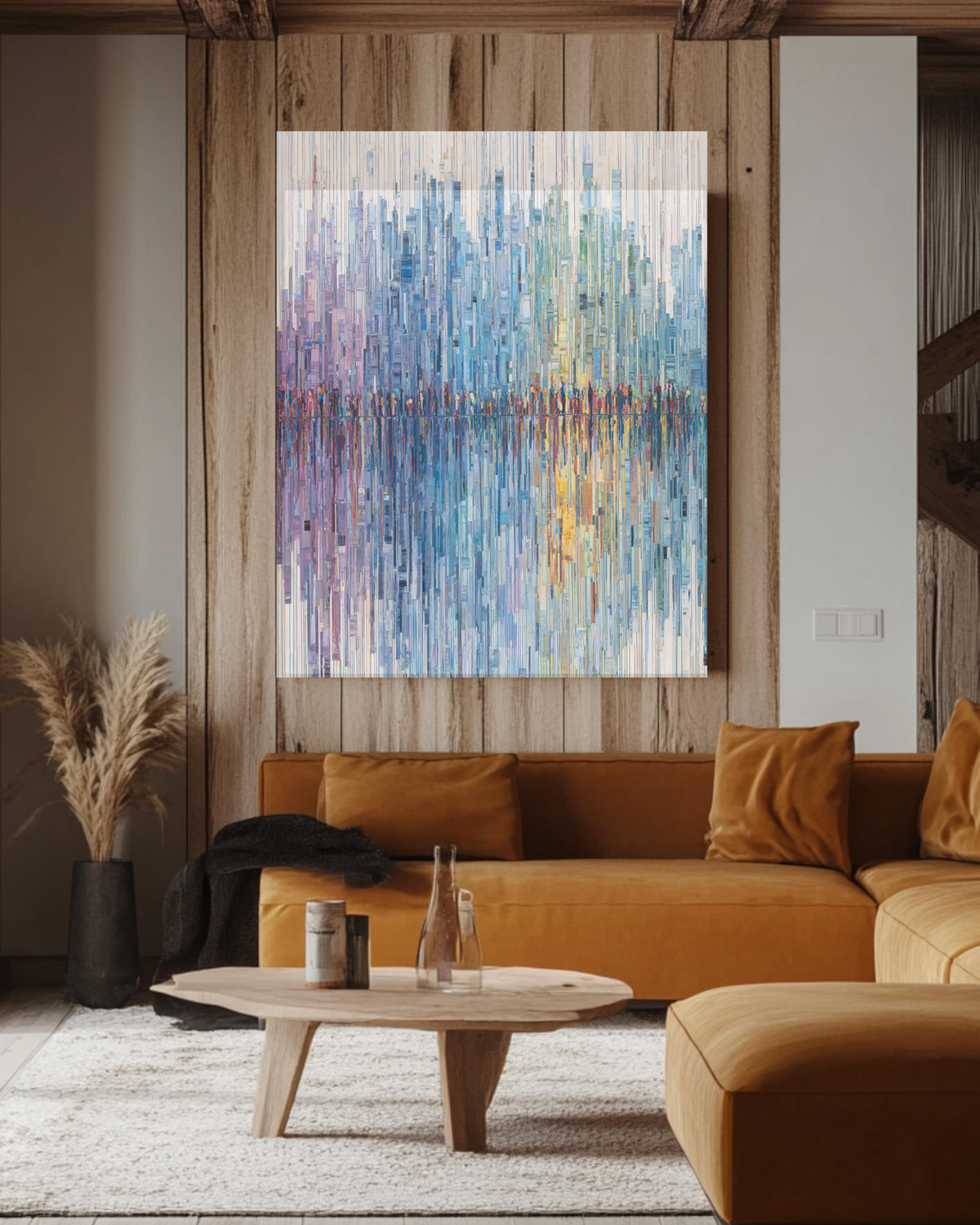 Abstract Urban Life Tapestry, Vertical Lines Representing City Figures, Soft Pastel Gradient from Blue to Green, White Background Canvas