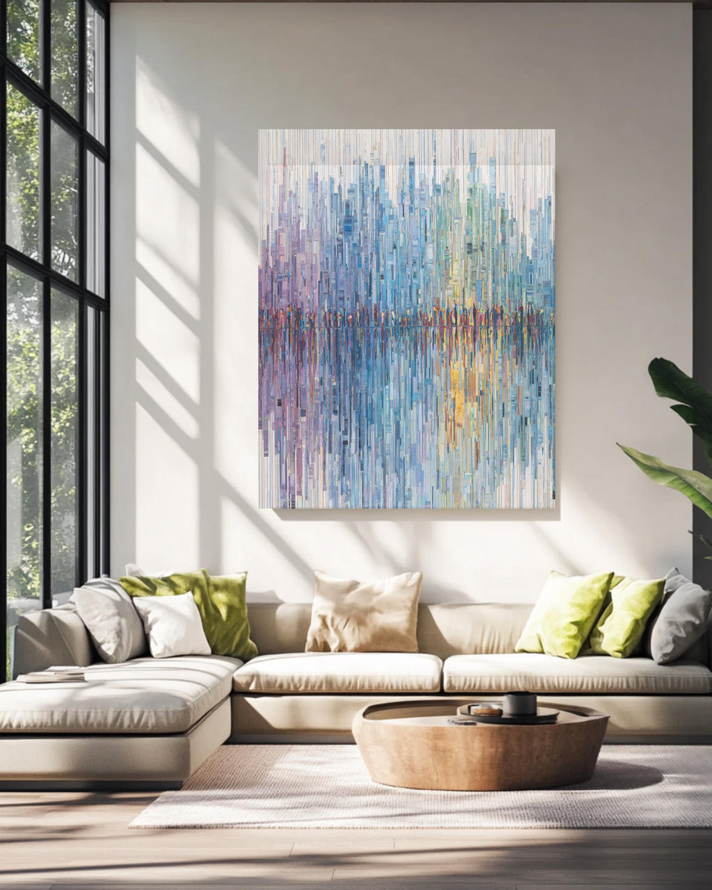 Abstract Urban Life Tapestry, Vertical Lines Representing City Figures, Soft Pastel Gradient from Blue to Green, White Background Canvas