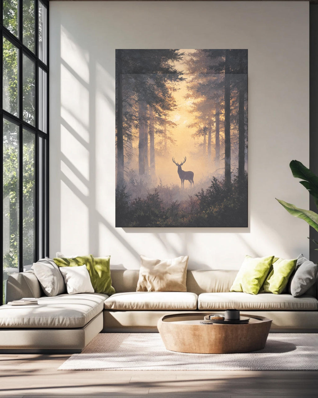 Majestic Stag in Misty Forest Wall Art, Silhouette Among Towering Trees, Bathed in Golden Light, Ethereal Nature Scene Poster Canvas