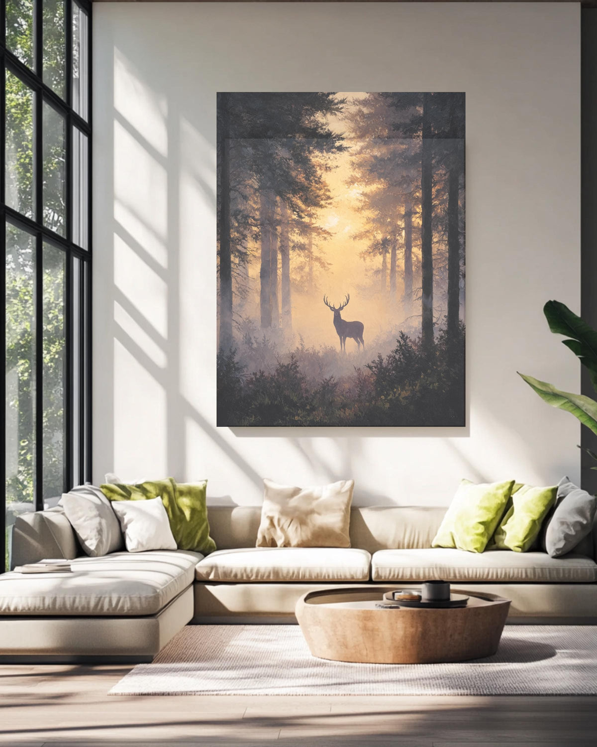 Majestic Stag in Misty Forest Wall Art, Silhouette Among Towering Trees, Bathed in Golden Light, Ethereal Nature Scene Poster Canvas