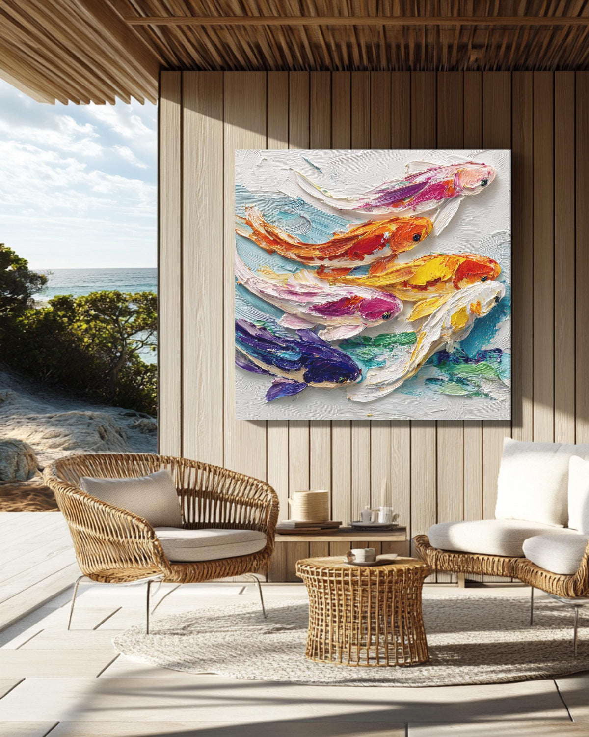 Vibrant Koi Fish Oil Painting Wall Art, Colorful Textured Brushstroke Poster Canvas, Japanese Symbol of Luck and Harmony Home Decor Gift