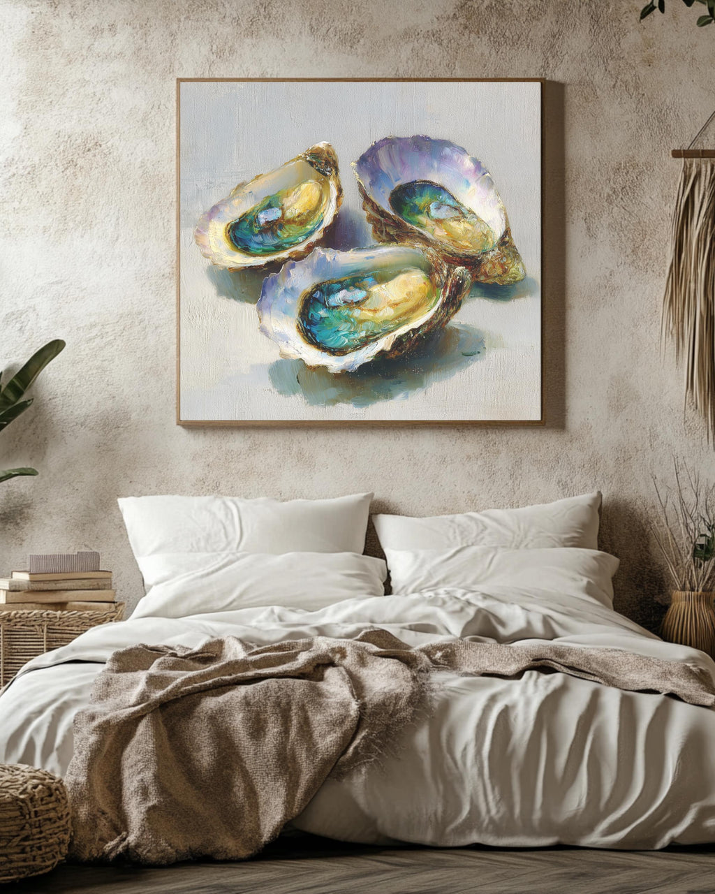 Colorful Oyster Shell Oil Painting, Coastal Beach House Wall Art, Textured Sea Shell Poster Canvas Print, Nautical Ocean
