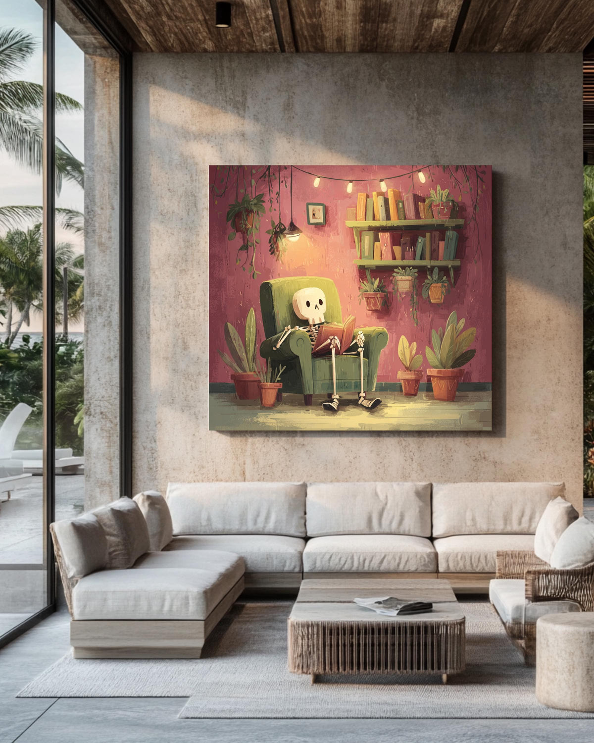 Cozy Skeleton Reading in Armchair Art Print, Whimsical Gothic Wall Art, Cute Pastel Skeleton Poster Canvas