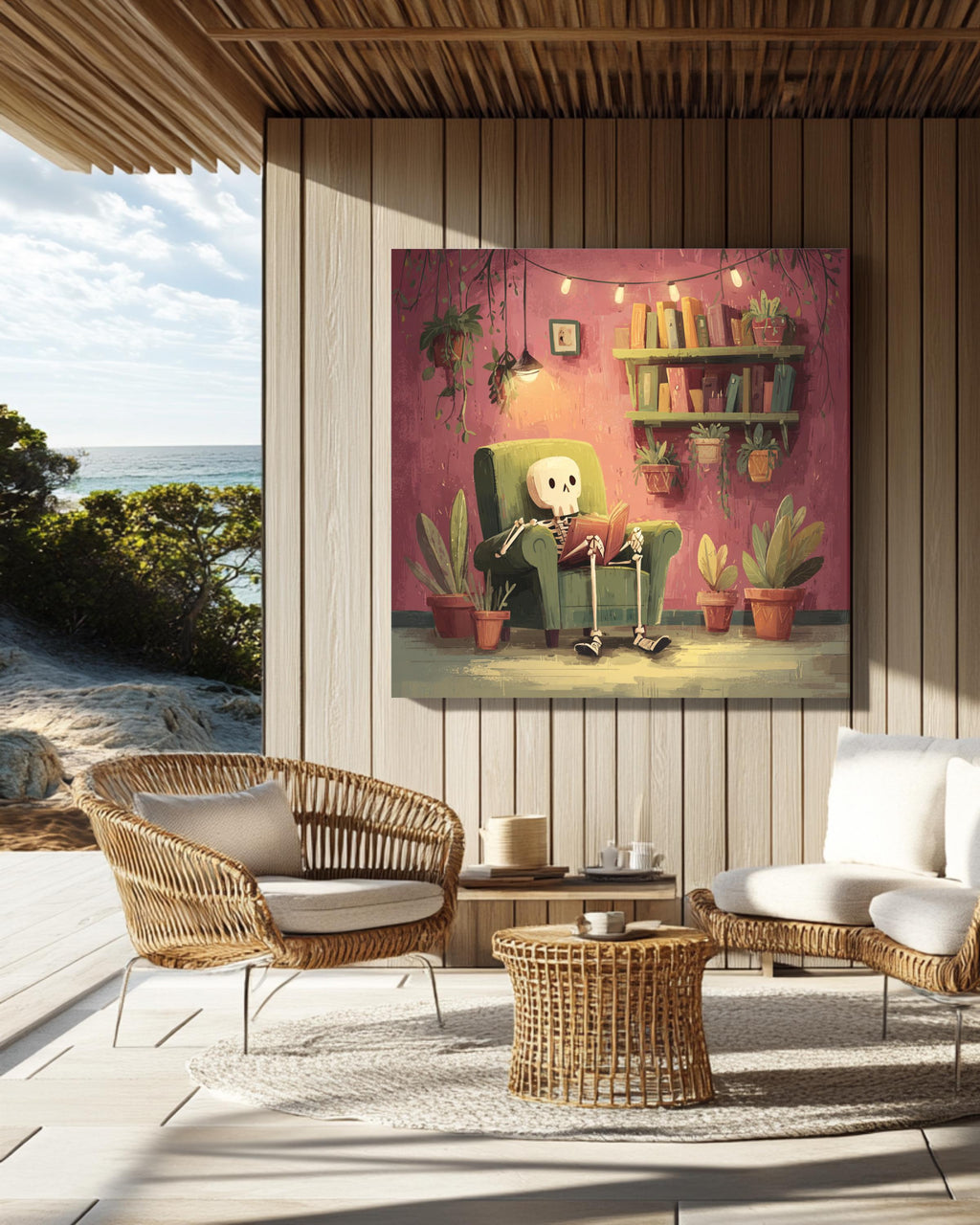 Cozy Skeleton Reading in Armchair Art Print, Whimsical Gothic Wall Art, Cute Pastel Skeleton Poster Canvas