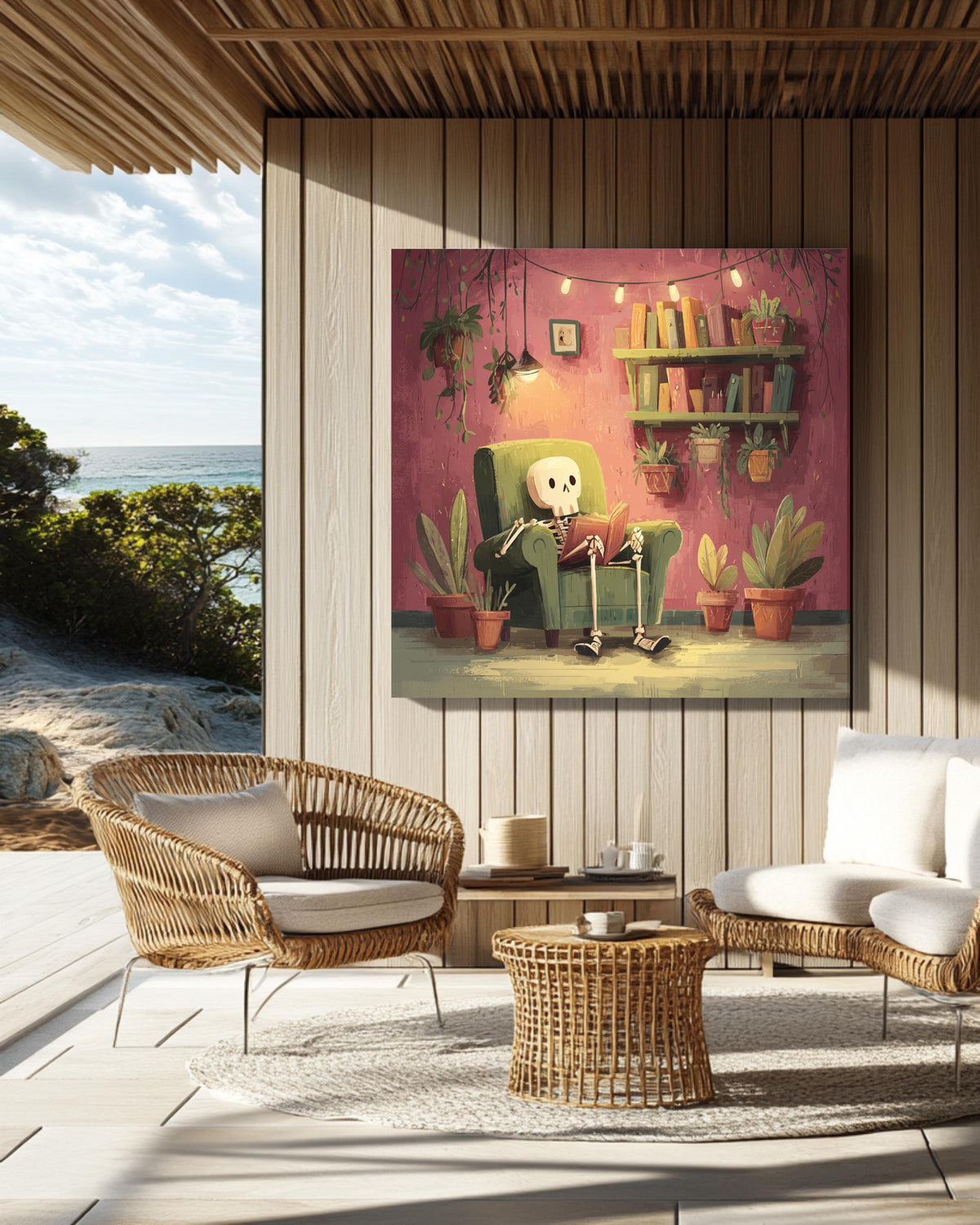Cozy Skeleton Reading in Armchair Art Print, Whimsical Gothic Wall Art, Cute Pastel Skeleton Poster Canvas