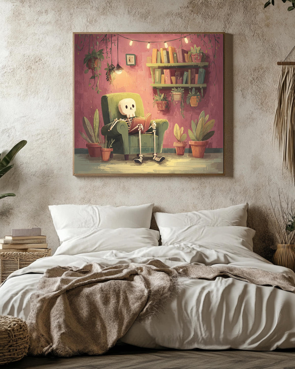 Cozy Skeleton Reading in Armchair Art Print, Whimsical Gothic Wall Art, Cute Pastel Skeleton Poster Canvas