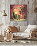 Cozy Skeleton Reading in Armchair Art Print, Whimsical Gothic Wall Art, Cute Pastel Skeleton Poster Canvas