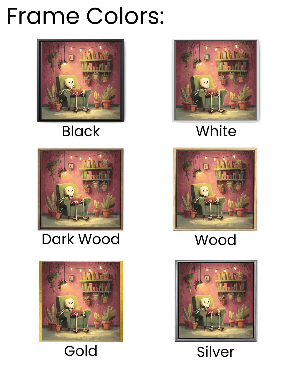 Cozy Skeleton Reading in Armchair Art Print, Whimsical Gothic Wall Art, Cute Pastel Skeleton Poster Canvas